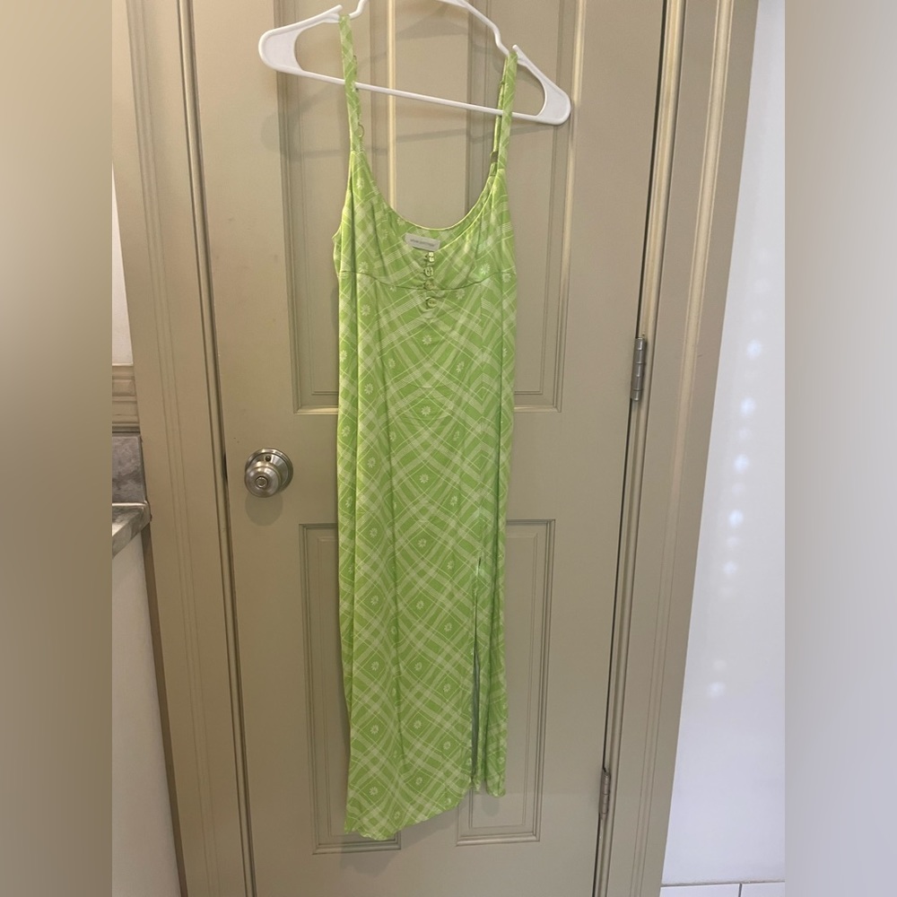 Green and white patterned Urban Outfitters mini dress.